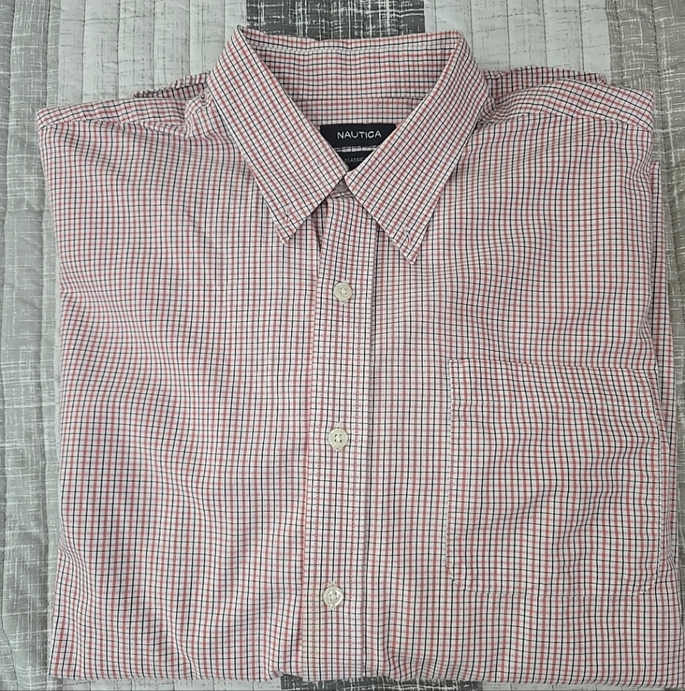Nautica Men's Classic Fit Plaid Shirt - Salmon Pink Plaid Sz 16.5 32/33